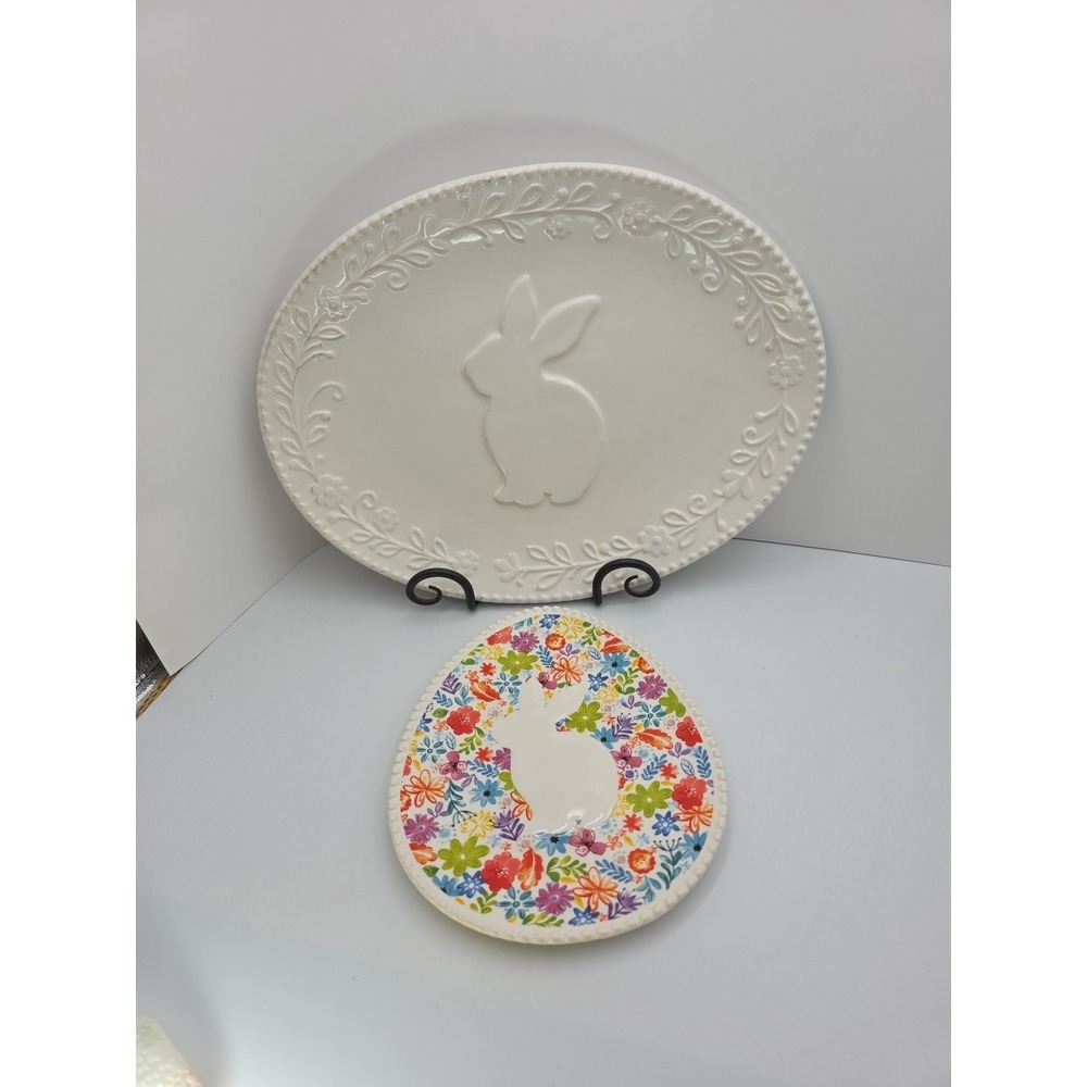 Pier 1 Easter Bunny Platter Set 2 Floral Oval Serving Tray White Embossed Spring